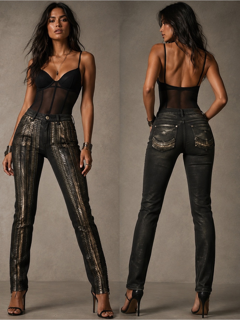 Black Skinny Jeans with Metallic Gold Stripe Detailing